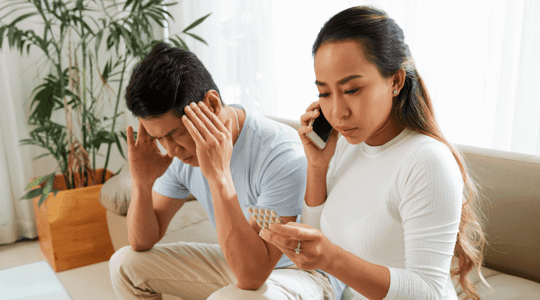 woman calling doctor about husband's medicine